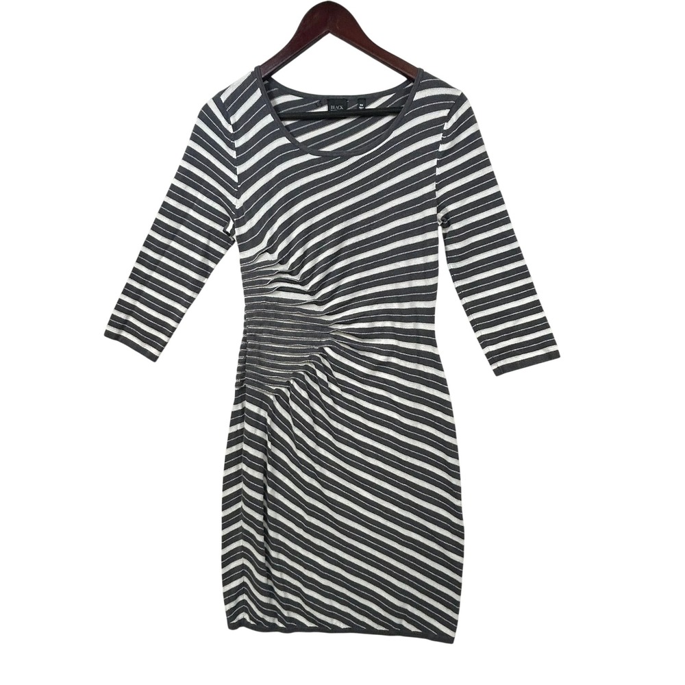 BLACK Saks Fifth Avenue Knit Dress M Gray White Striped Ruched Bodycon Stretch